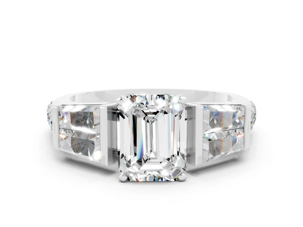 White gold Emerald Cut Moissanite Engagement Ring with Baguette Side Stones and Channel Set Band