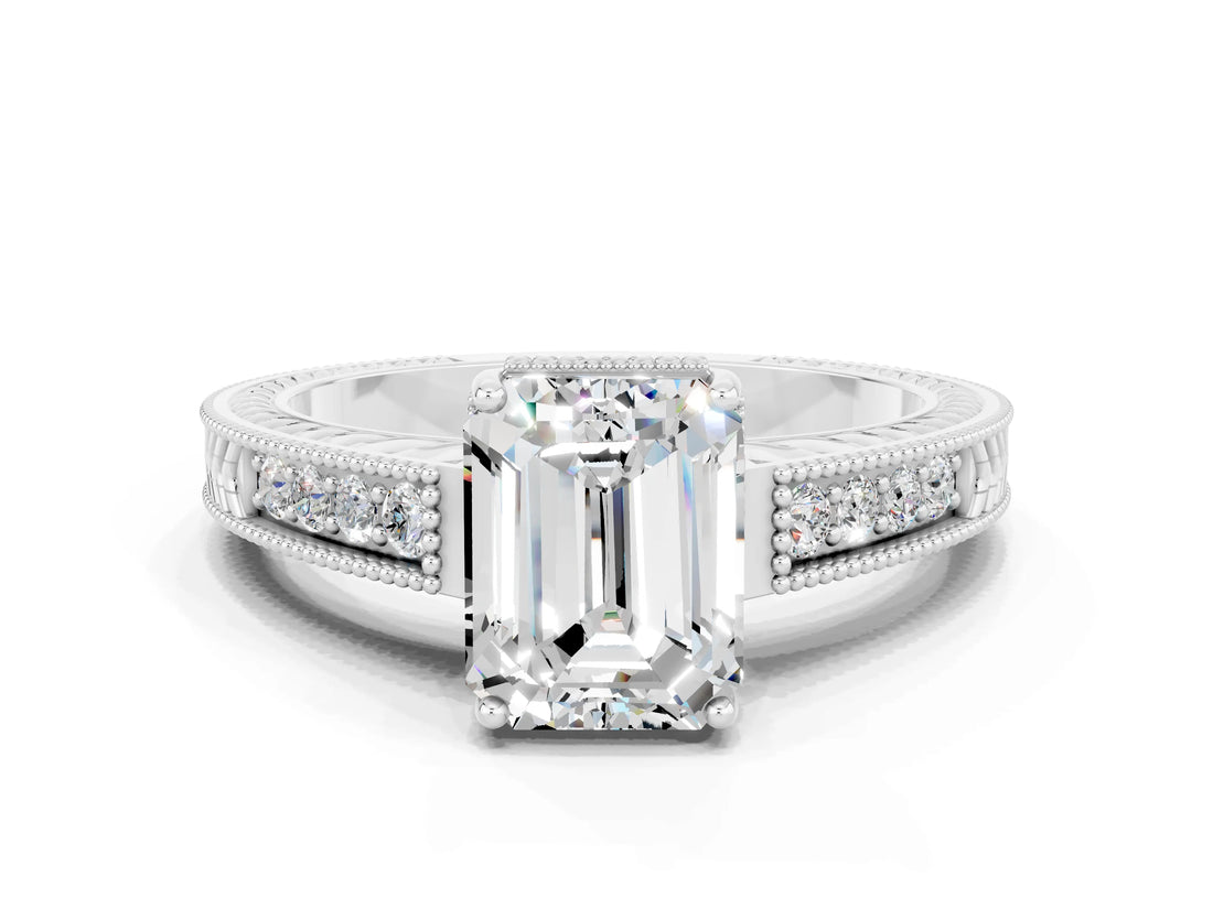 White gold Emerald Cut Moissanite Engagement Ring with Milgrain Channel Set Band and Prong Setting