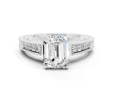 White gold Emerald Cut Moissanite Engagement Ring with Milgrain Channel Set Band and Prong Setting