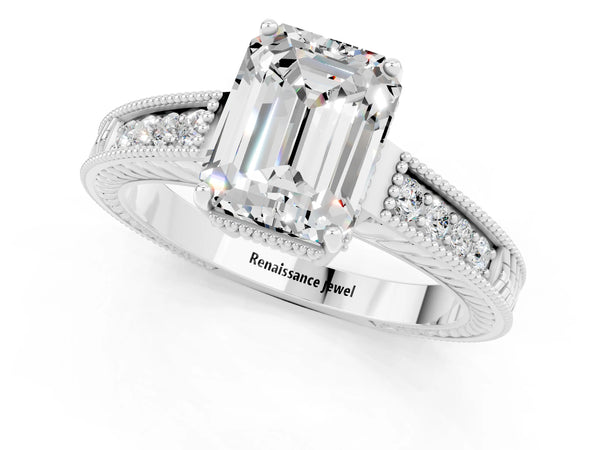 Platinum Emerald Cut Moissanite Engagement Ring with Milgrain Channel Set Band and Prong Setting