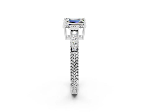 White gold Emerald Cut Moissanite Engagement Ring with Milgrain Channel Set Band and Prong Setting_2