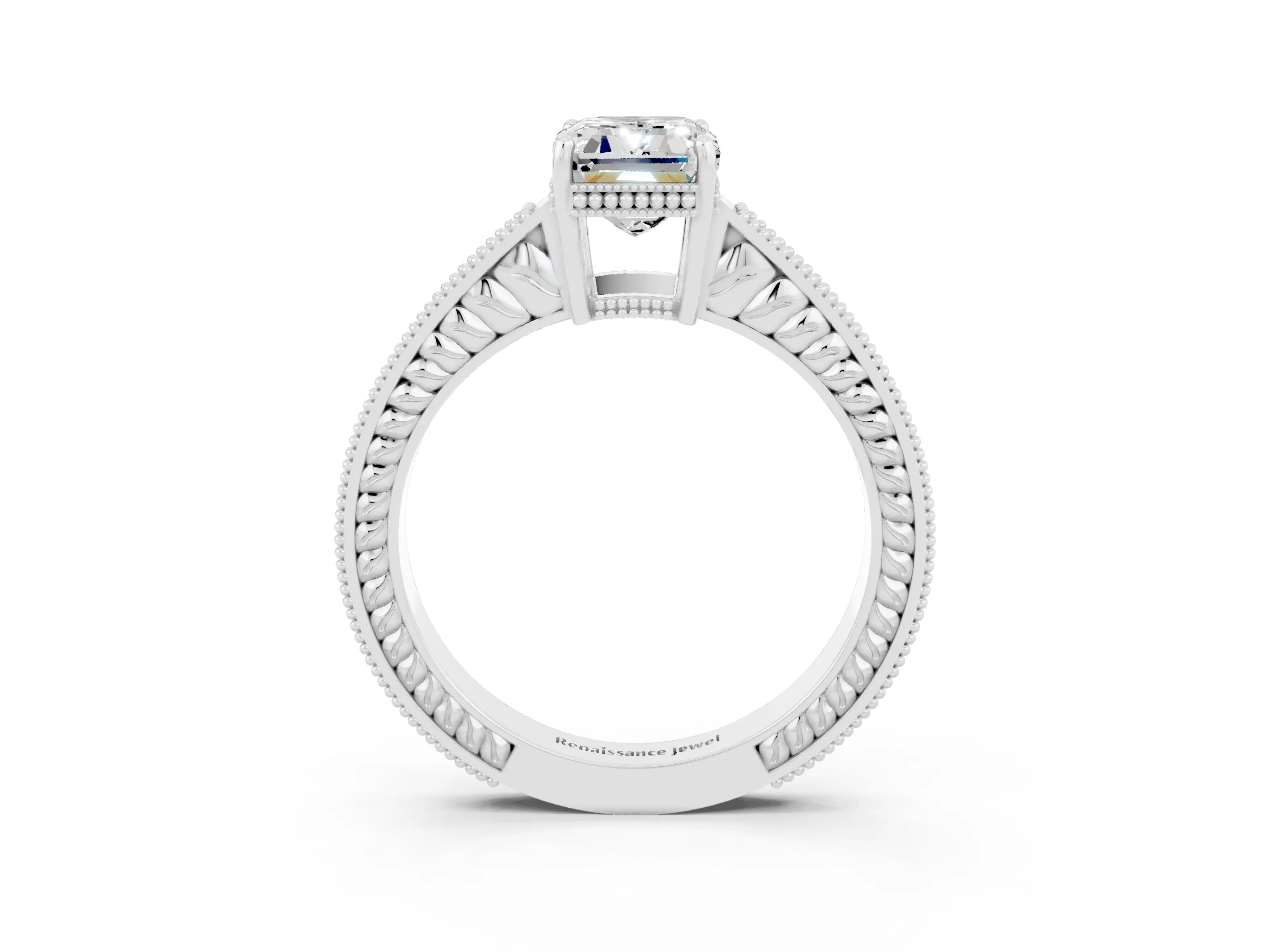 White gold Emerald Cut Moissanite Engagement Ring with Milgrain Channel Set Band and Prong Setting_3