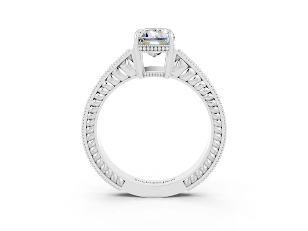 White gold Emerald Cut Moissanite Engagement Ring with Milgrain Channel Set Band and Prong Setting