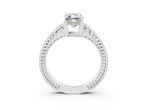 White gold Emerald Cut Moissanite Engagement Ring with Milgrain Channel Set Band and Prong Setting_3