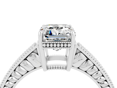 White gold Emerald Cut Moissanite Engagement Ring with Milgrain Channel Set Band and Prong Setting_4