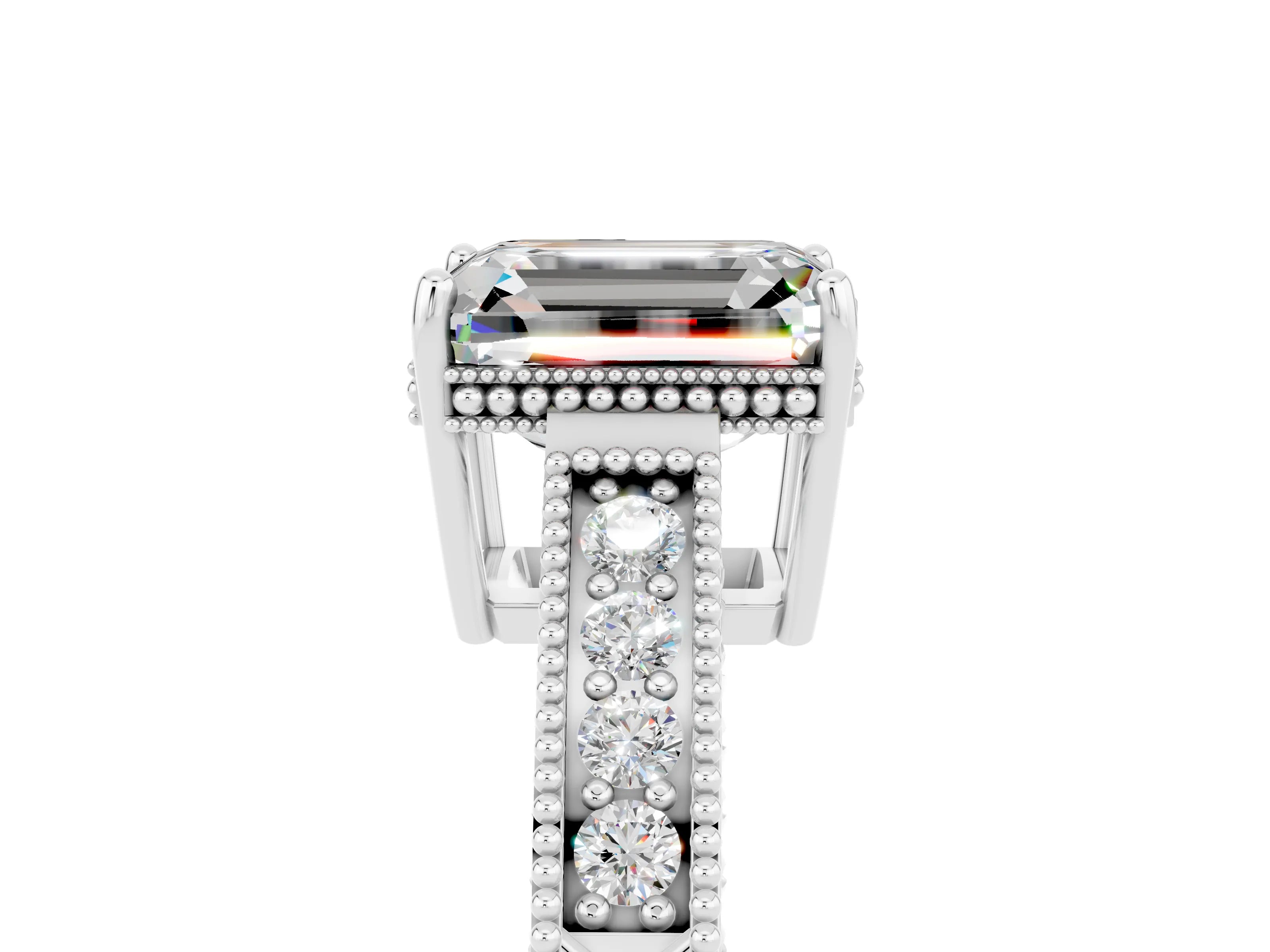 White gold Emerald Cut Moissanite Engagement Ring with Milgrain Channel Set Band and Prong Setting_5