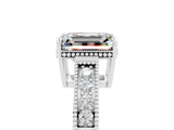 White gold Emerald Cut Moissanite Engagement Ring with Milgrain Channel Set Band and Prong Setting_5