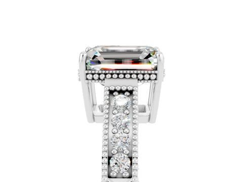 White gold Emerald Cut Moissanite Engagement Ring with Milgrain Channel Set Band and Prong Setting_5