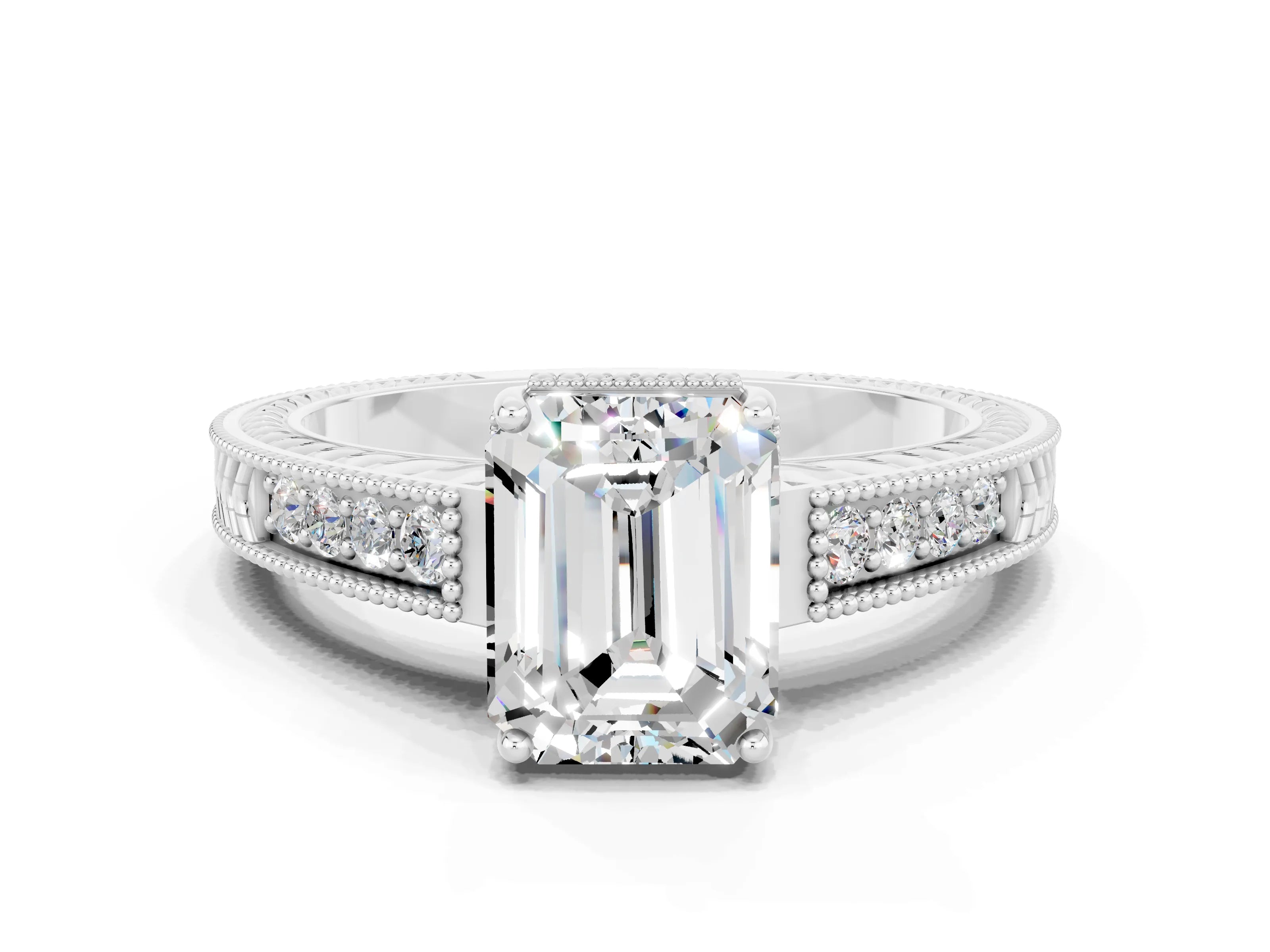 White gold Emerald Cut Moissanite Engagement Ring with Milgrain Channel Set Band and Prong Setting