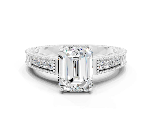 Silver Emerald Cut Moissanite Engagement Ring with Milgrain Channel Set Band and Prong Setting