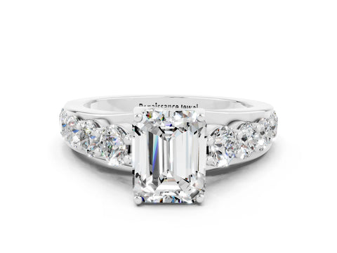 White gold Emerald Cut Moissanite Engagement Ring with Pavé Band and Four-Prong Setting