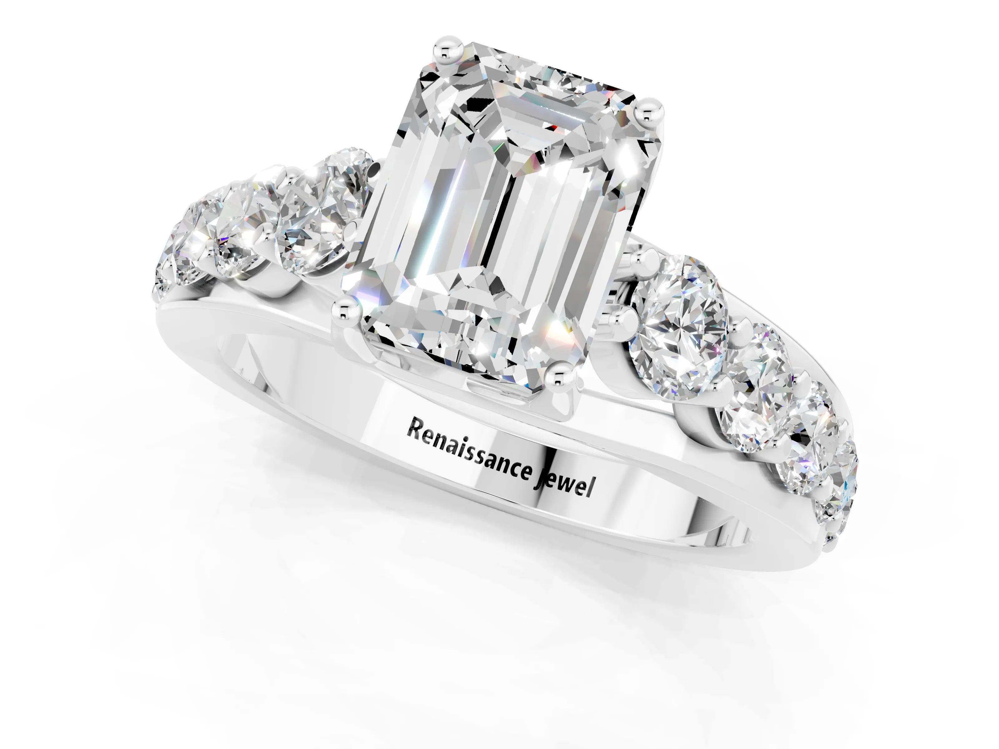 White gold Emerald Cut Moissanite Engagement Ring with Pavé Band and Four-Prong Setting_1
