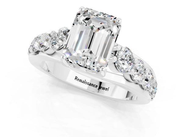 Silver Emerald Cut Moissanite Engagement Ring with Pavé Band and Four-Prong Setting