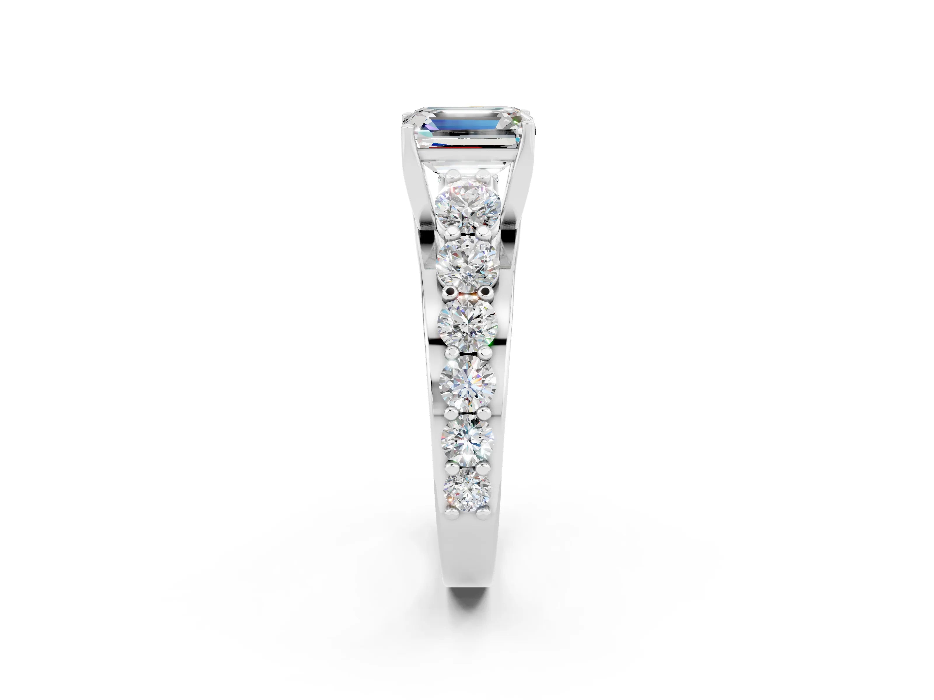White gold Emerald Cut Moissanite Engagement Ring with Pavé Band and Four-Prong Setting_2