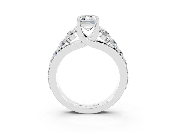 Silver Emerald Cut Moissanite Engagement Ring with Pavé Band and Four-Prong Setting
