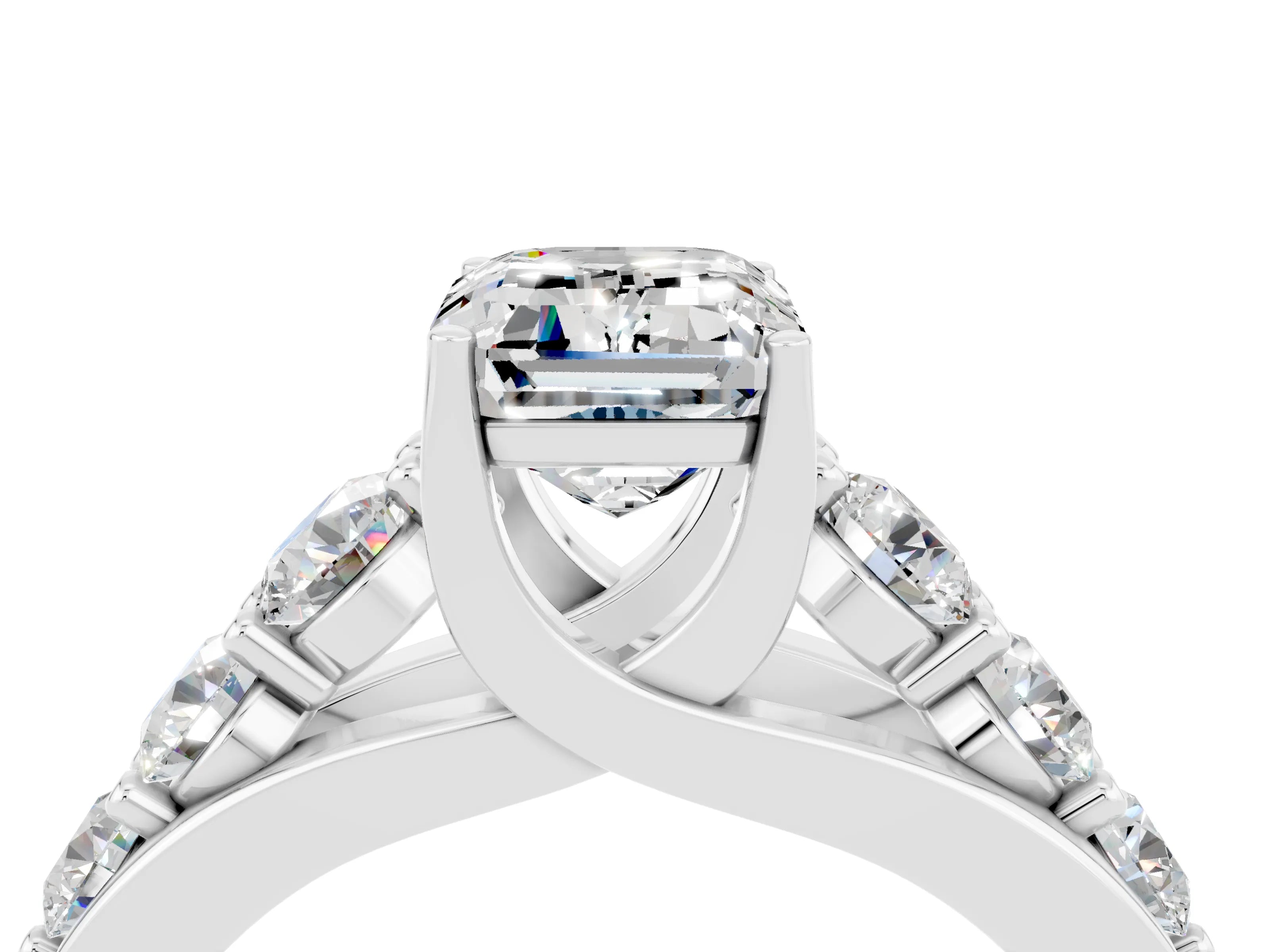White gold Emerald Cut Moissanite Engagement Ring with Pavé Band and Four-Prong Setting_4