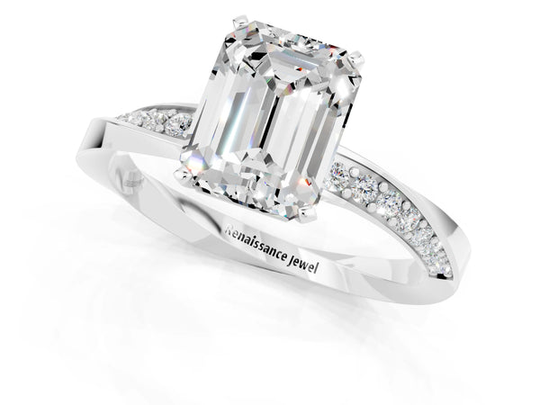 White gold Emerald Cut Moissanite Engagement Ring with Side Stone Accents and Four-Prong Setting
