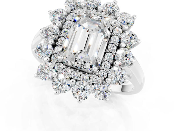 Platinum Emerald Cut Moissanite Floral Double Halo Engagement Ring with Prong Setting