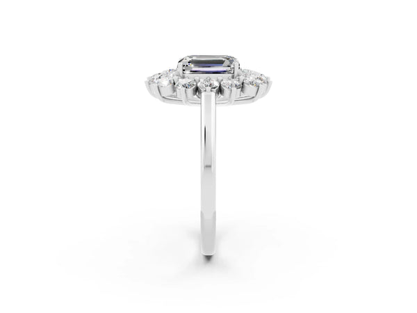 Platinum Emerald Cut Moissanite Floral Double Halo Engagement Ring with Prong Setting