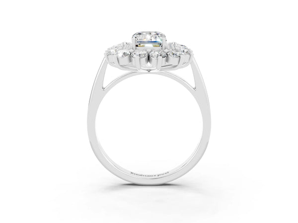 Platinum Emerald Cut Moissanite Floral Double Halo Engagement Ring with Prong Setting