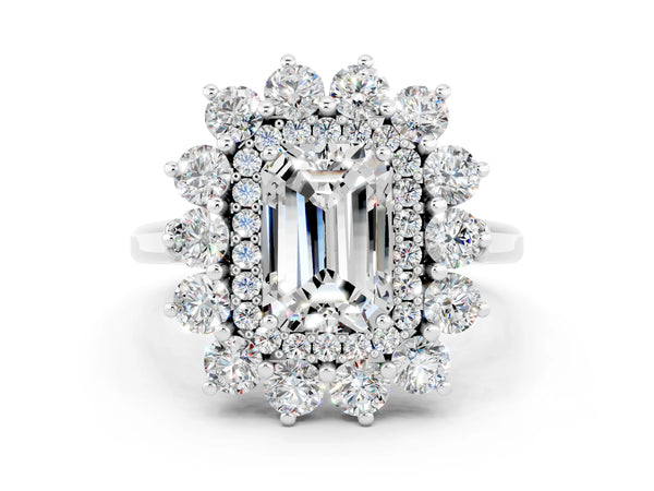 White gold Emerald Cut Moissanite Floral Double Halo Engagement Ring with Prong Setting