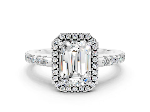 White gold Emerald Cut Moissanite Halo Engagement Ring with Pavé Band and Prong Setting_12