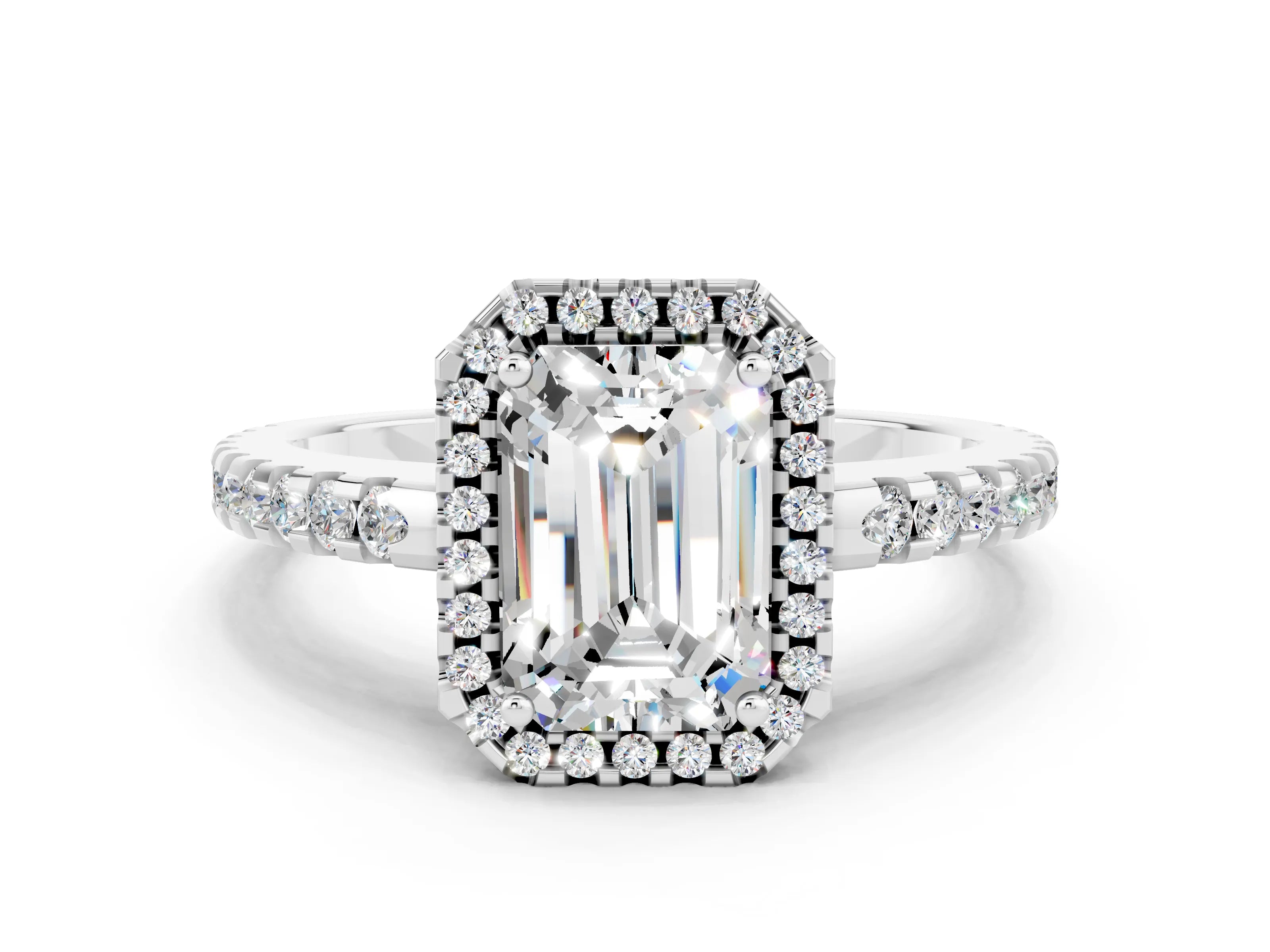 White gold Emerald Cut Moissanite Halo Engagement Ring with Pavé Band and Prong Setting_12