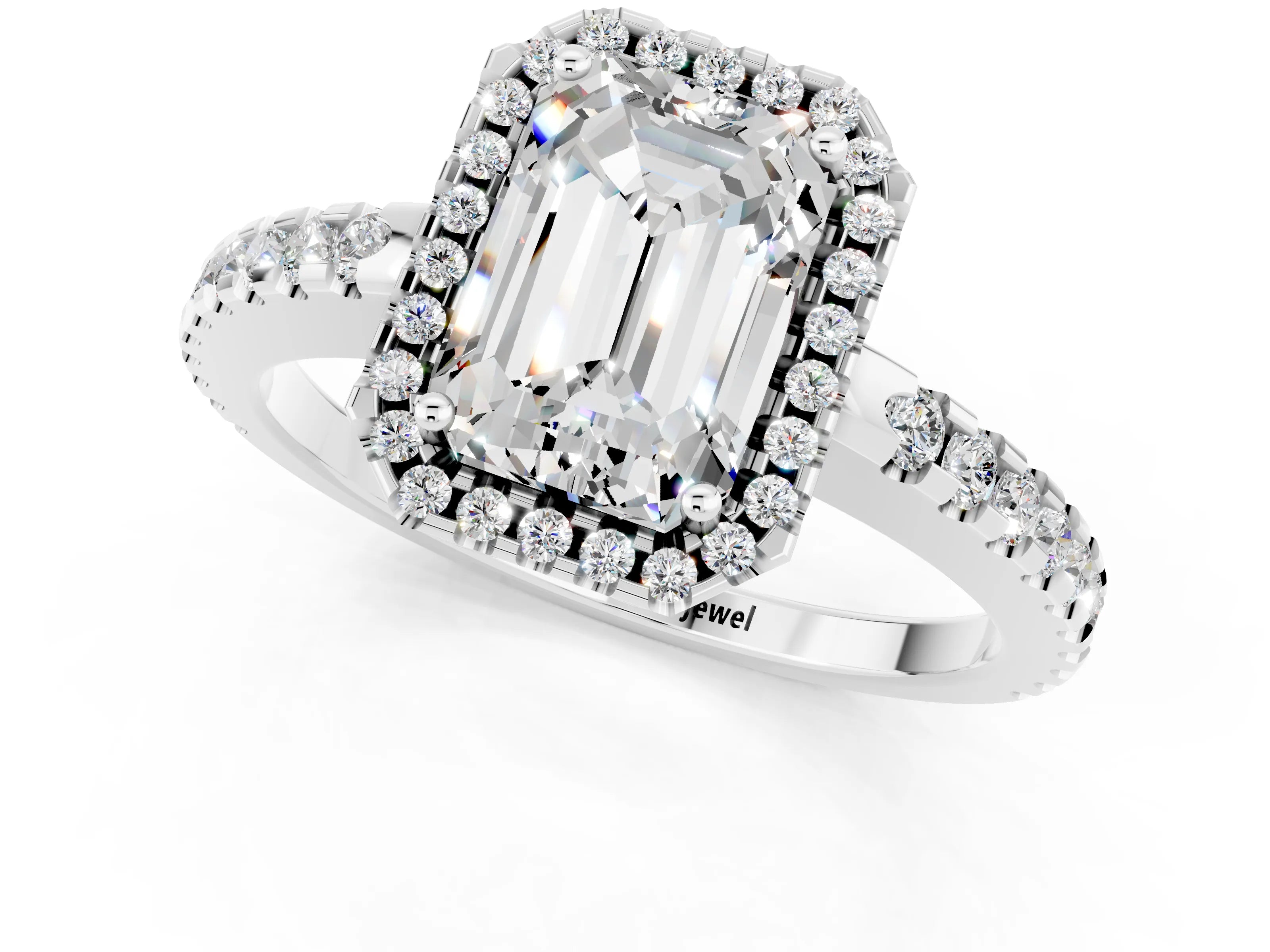 White gold Emerald Cut Moissanite Halo Engagement Ring with Pavé Band and Prong Setting_13