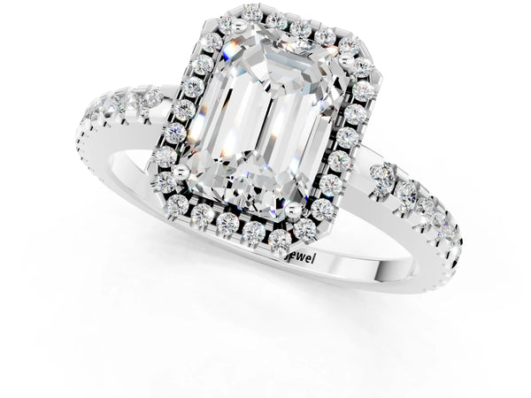Silver Emerald Cut Moissanite Halo Engagement Ring with Pavé Band and Prong Setting