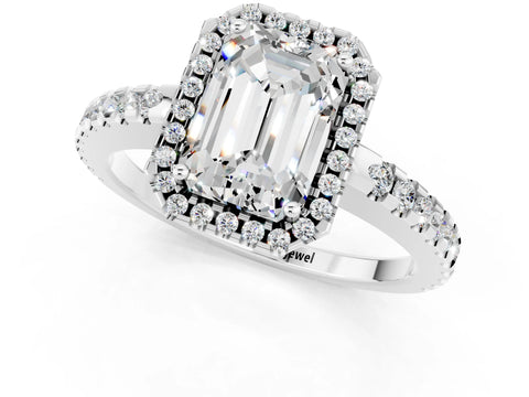 White gold Emerald Cut Moissanite Halo Engagement Ring with Pavé Band and Prong Setting_13