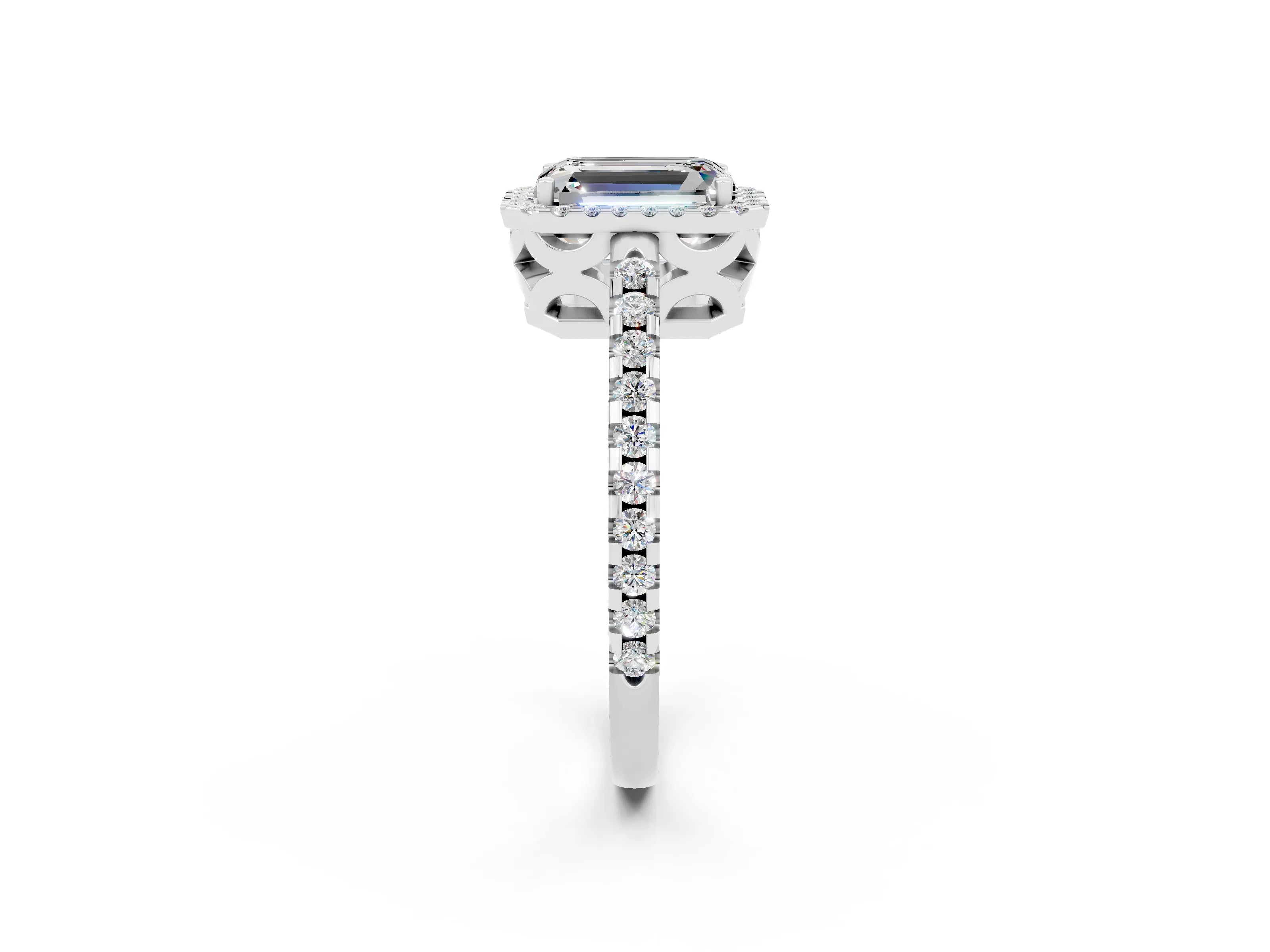 White gold Emerald Cut Moissanite Halo Engagement Ring with Pavé Band and Prong Setting_14