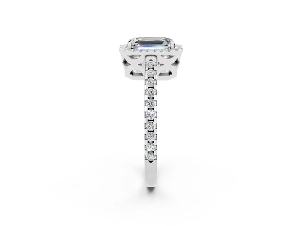 Silver Emerald Cut Moissanite Halo Engagement Ring with Pavé Band and Prong Setting
