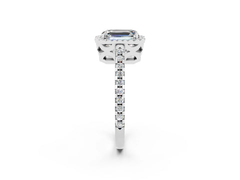 White gold Emerald Cut Moissanite Halo Engagement Ring with Pavé Band and Prong Setting_14