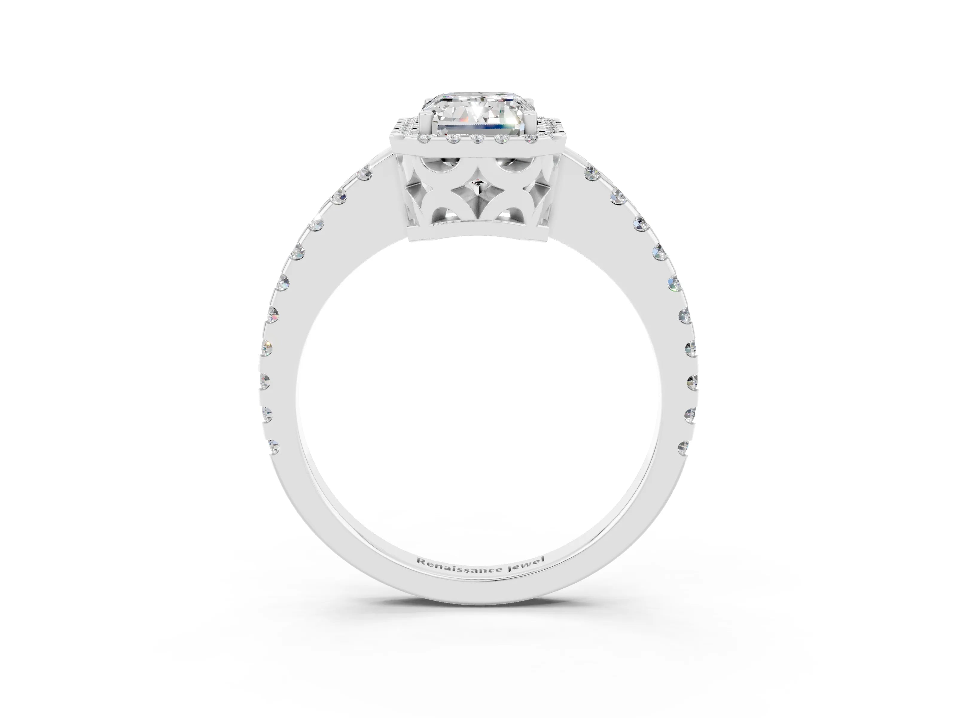 White gold Emerald Cut Moissanite Halo Engagement Ring with Pavé Band and Prong Setting_15