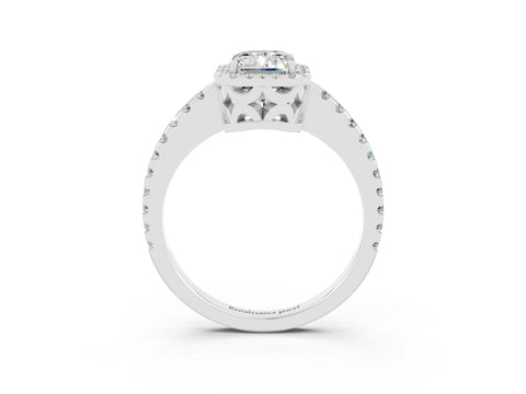 White gold Emerald Cut Moissanite Halo Engagement Ring with Pavé Band and Prong Setting_15