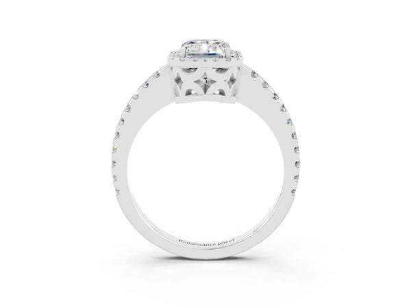 Silver Emerald Cut Moissanite Halo Engagement Ring with Pavé Band and Prong Setting