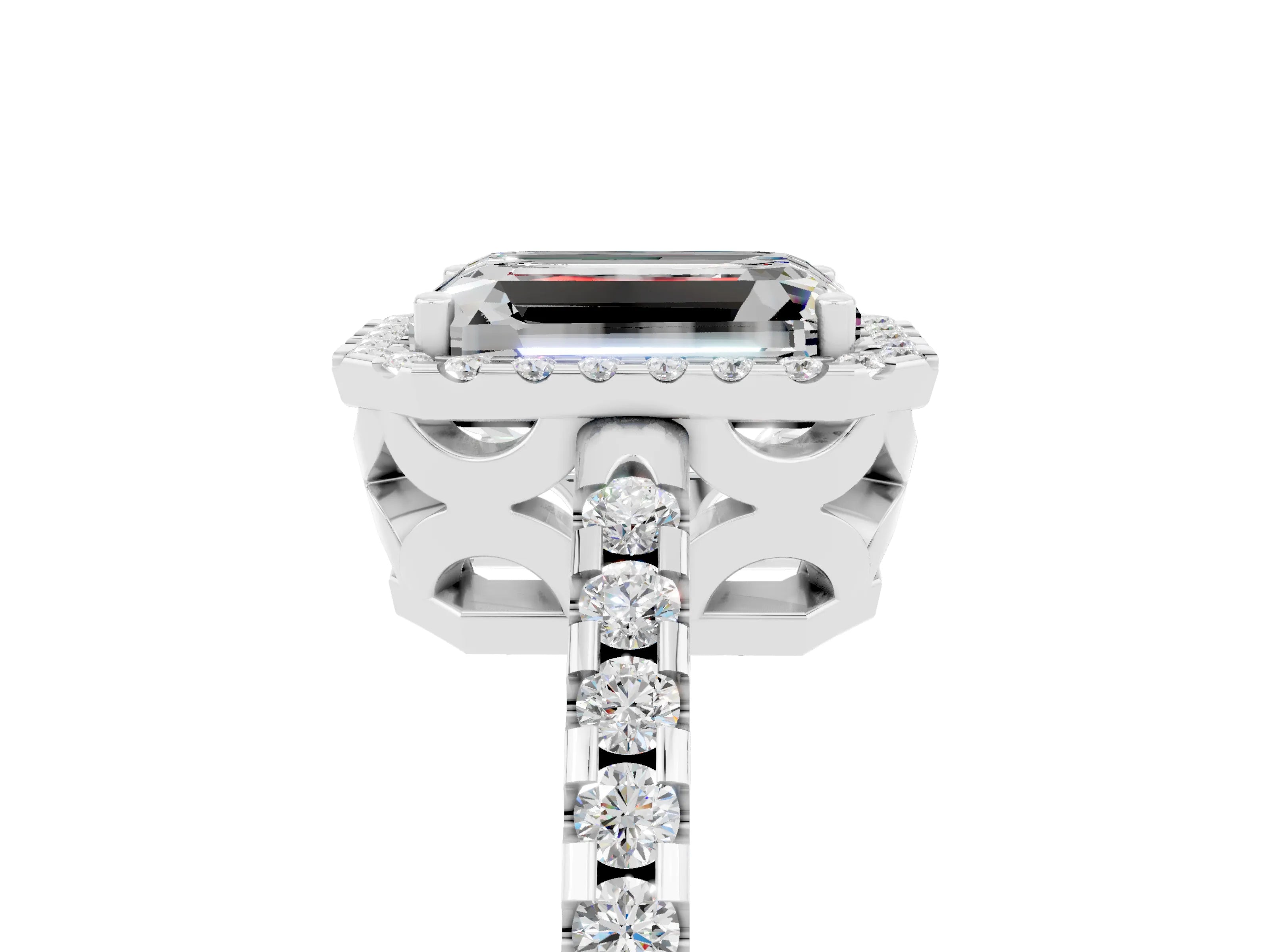 White gold Emerald Cut Moissanite Halo Engagement Ring with Pavé Band and Prong Setting_17