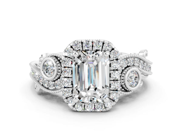 White gold Emerald Cut Moissanite Halo Ring with Milgrain Pavé Band and Four-Prong Setting