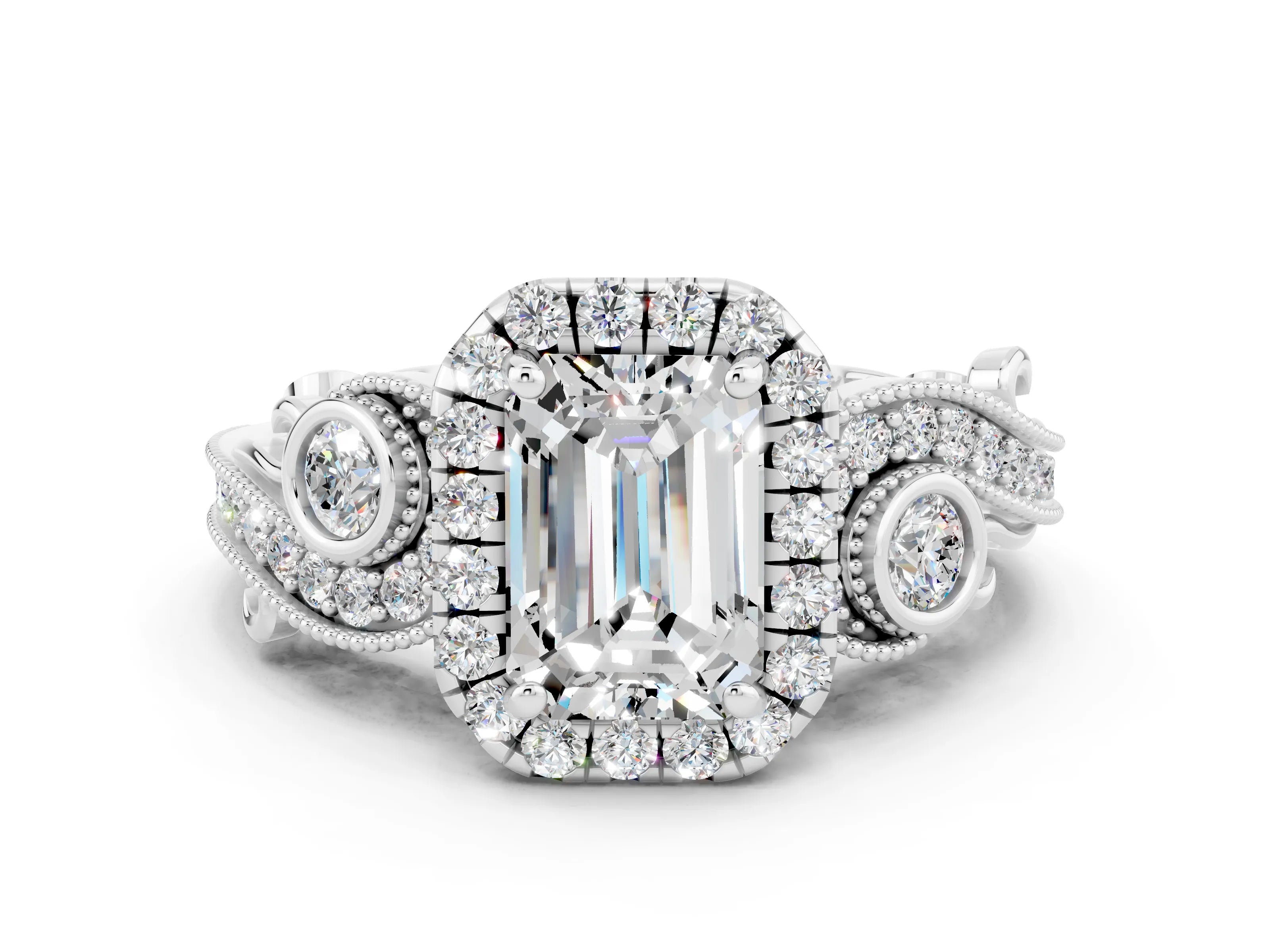 White gold Emerald Cut Moissanite Halo Ring with Milgrain Pavé Band and Four-Prong Setting_12