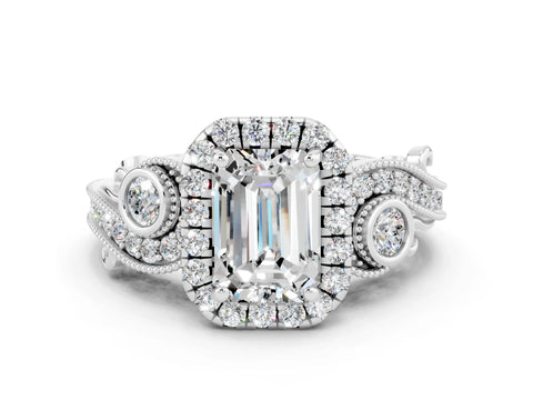 White gold Emerald Cut Moissanite Halo Ring with Milgrain Pavé Band and Four-Prong Setting_12