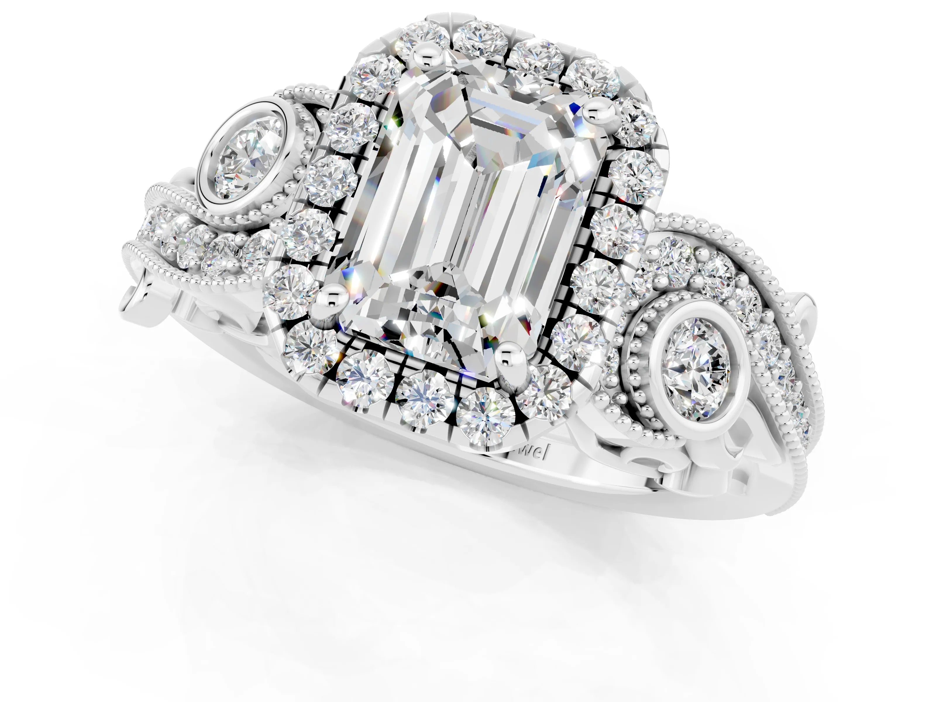 White gold Emerald Cut Moissanite Halo Ring with Milgrain Pavé Band and Four-Prong Setting_13