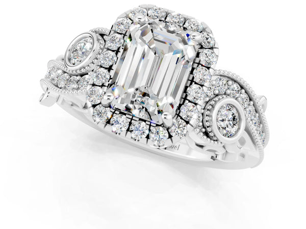Platinum Emerald Cut Moissanite Halo Ring with Milgrain Pavé Band and Four-Prong Setting