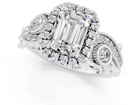 White gold Emerald Cut Moissanite Halo Ring with Milgrain Pavé Band and Four-Prong Setting_13