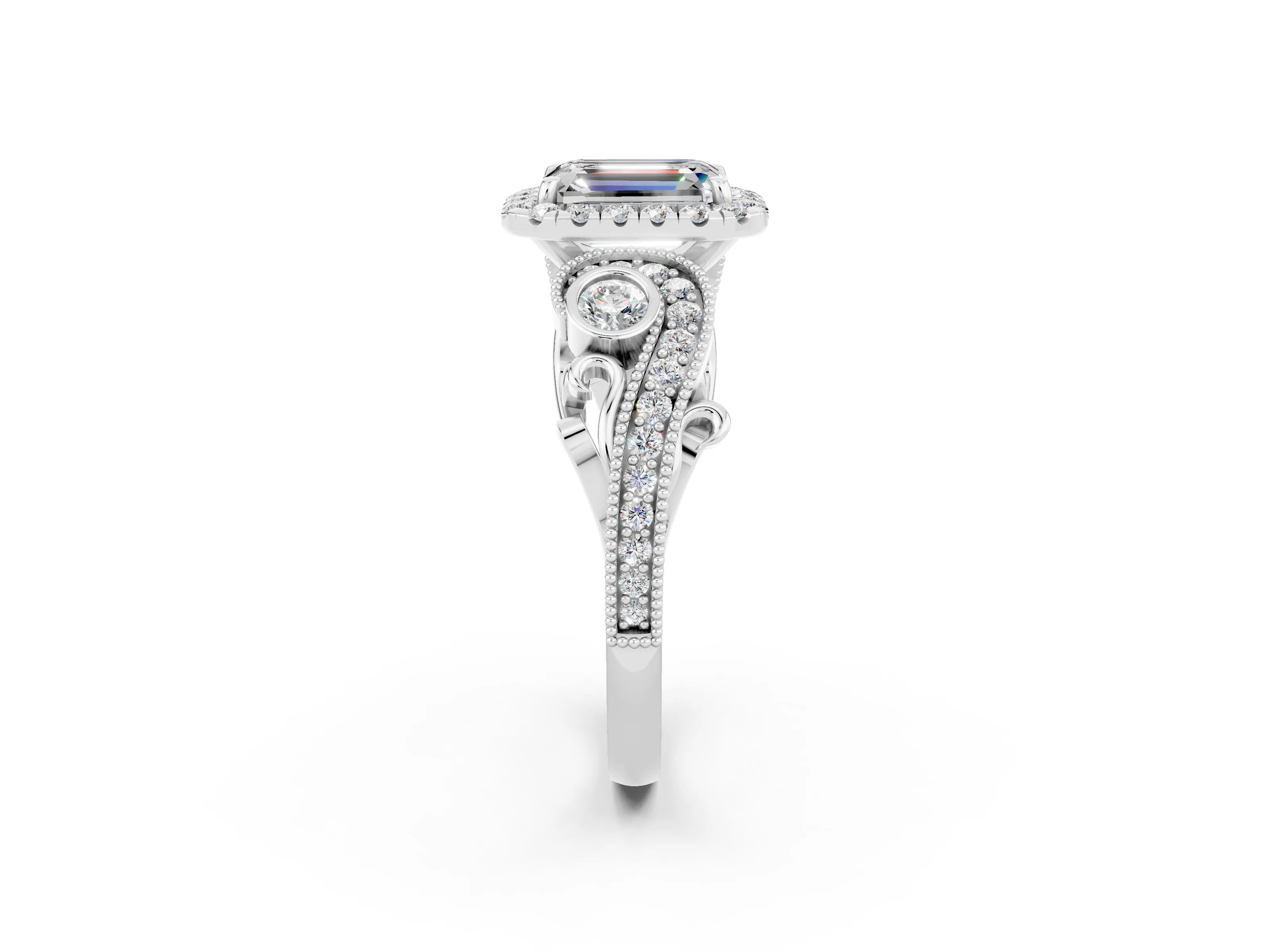 White gold Emerald Cut Moissanite Halo Ring with Milgrain Pavé Band and Four-Prong Setting_14