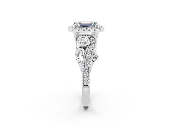 White gold Emerald Cut Moissanite Halo Ring with Milgrain Pavé Band and Four-Prong Setting