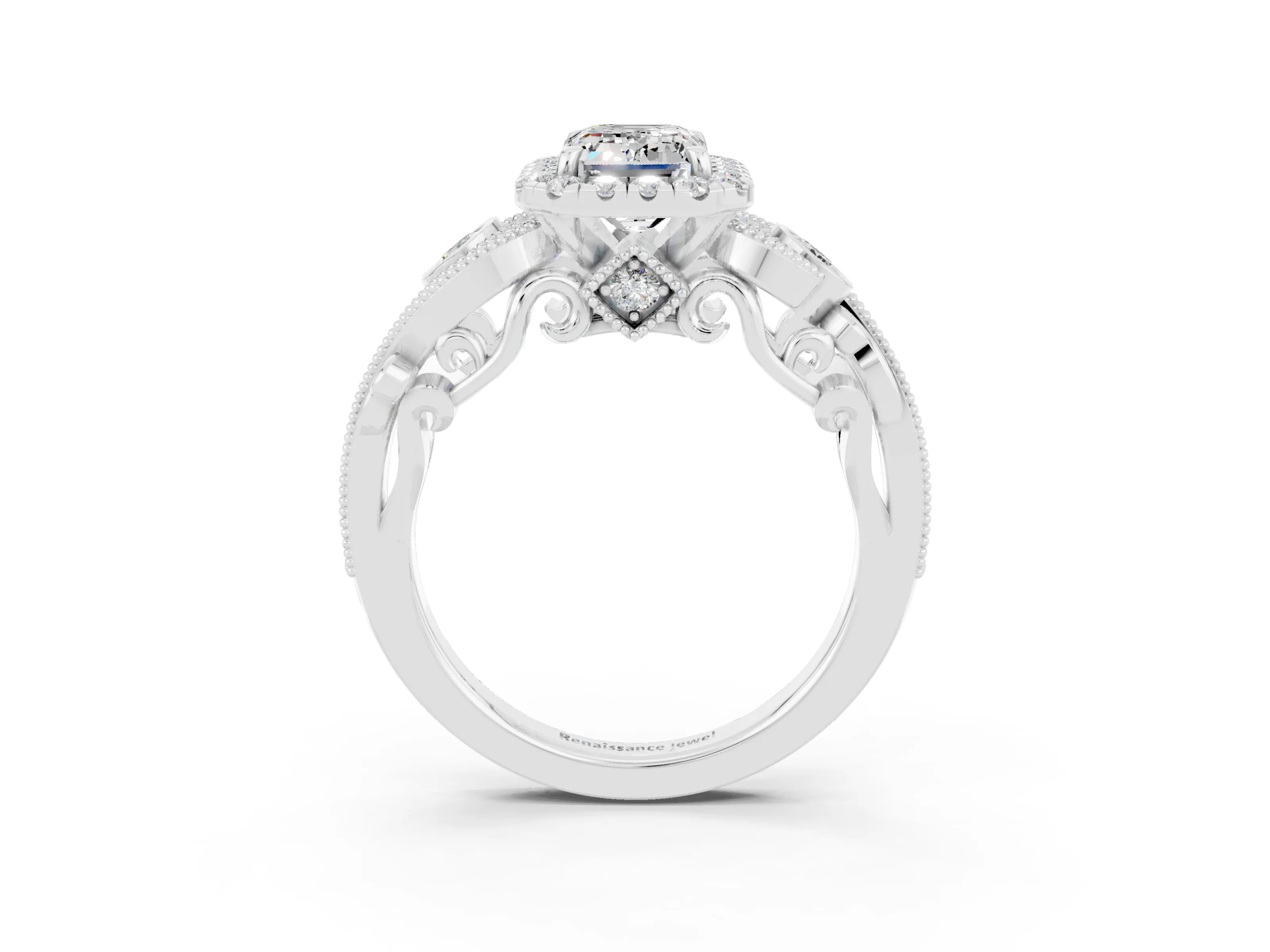 White gold Emerald Cut Moissanite Halo Ring with Milgrain Pavé Band and Four-Prong Setting_15