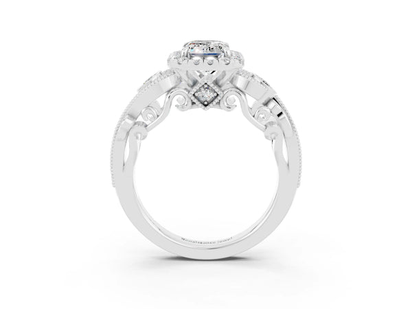 Silver Emerald Cut Moissanite Halo Ring with Milgrain Pavé Band and Four-Prong Setting