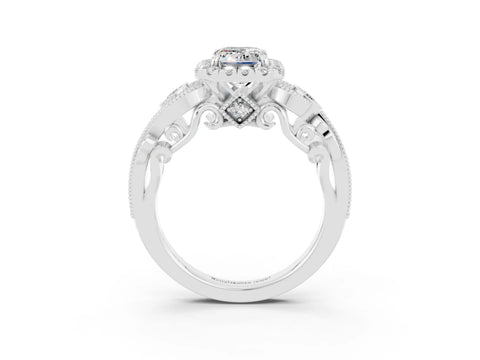 White gold Emerald Cut Moissanite Halo Ring with Milgrain Pavé Band and Four-Prong Setting_15