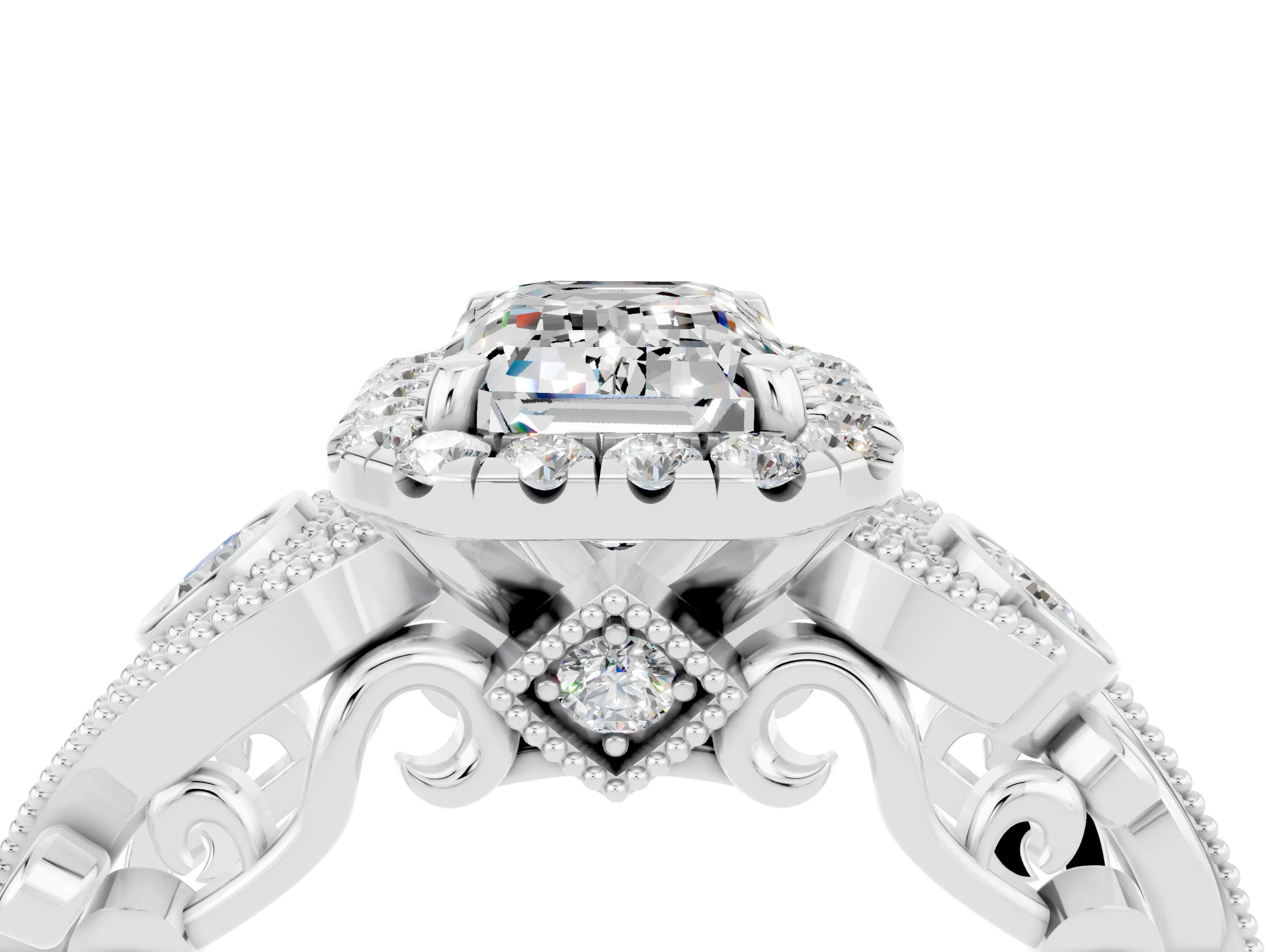 White gold Emerald Cut Moissanite Halo Ring with Milgrain Pavé Band and Four-Prong Setting_16