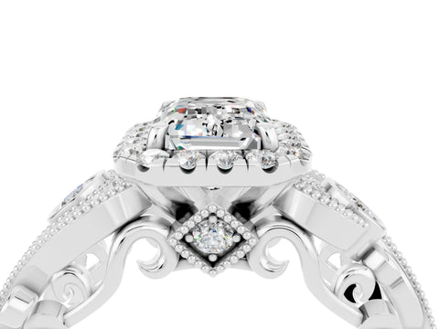 White gold Emerald Cut Moissanite Halo Ring with Milgrain Pavé Band and Four-Prong Setting_16